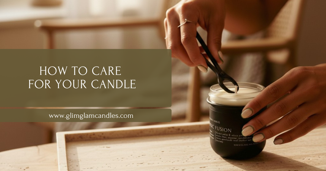 Luxury soy candle styled on an oak coffee table in a Scandinavian living room with warm natural light.