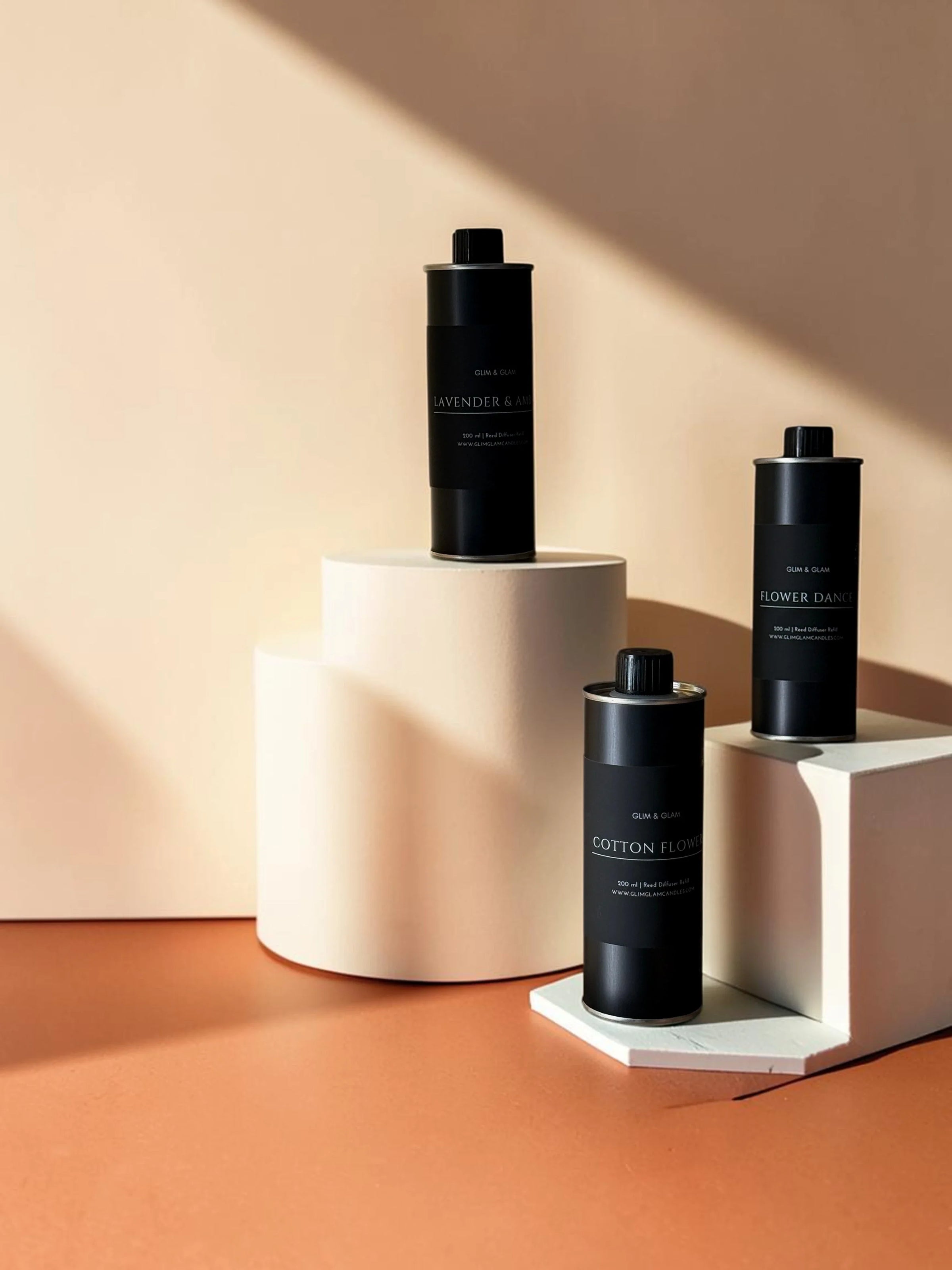 Reed diffuser refill by Glim & Glam styled in a minimalist home, showcasing a sustainable way to enjoy continuous home fragrance.