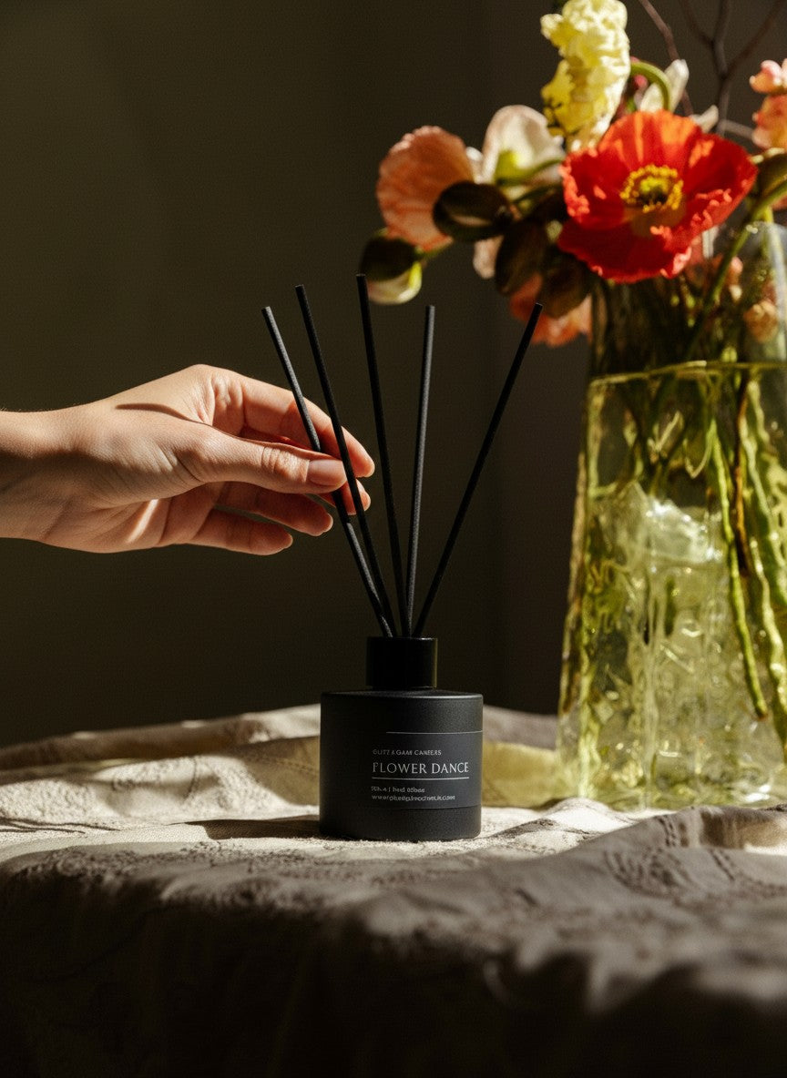 FLOWER DANCE REED DIFFUSER in amber 100 ml bottle, long-lasting luxury home fragrance by Glim Glam