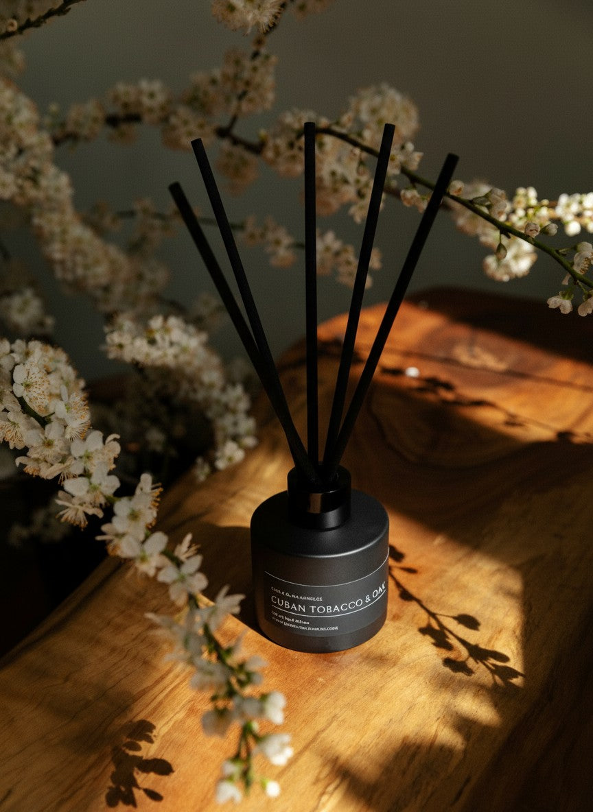 CUBAN TOBACCO & OAK REED DIFFUSER in amber 100 ml bottle, long-lasting luxury home fragrance by Glim Glam