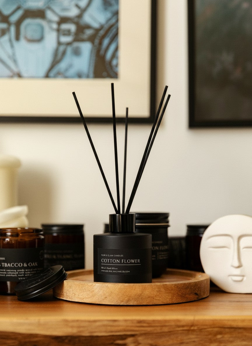 COTTON FLOWER REED DIFFUSER in amber 100 ml bottle, long-lasting luxury home fragrance by Glim Glam