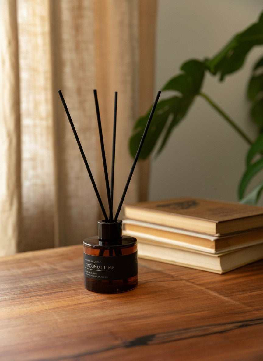 COCONUT LIME REED DIFFUSER in amber 100 ml bottle, long-lasting luxury home fragrance by Glim Glam