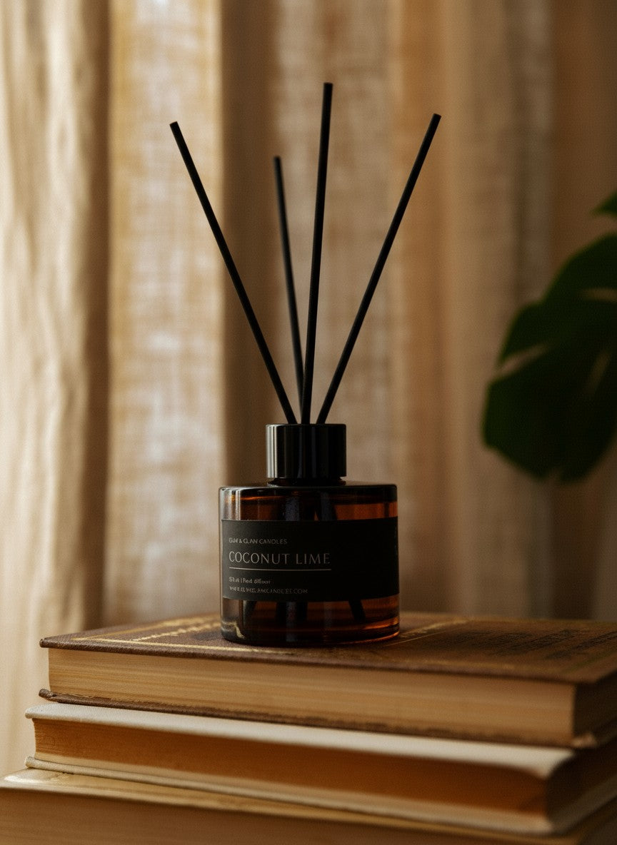 COCONUT LIME REED DIFFUSER in amber 500 ml bottle, long-lasting luxury home fragrance by Glim Glam