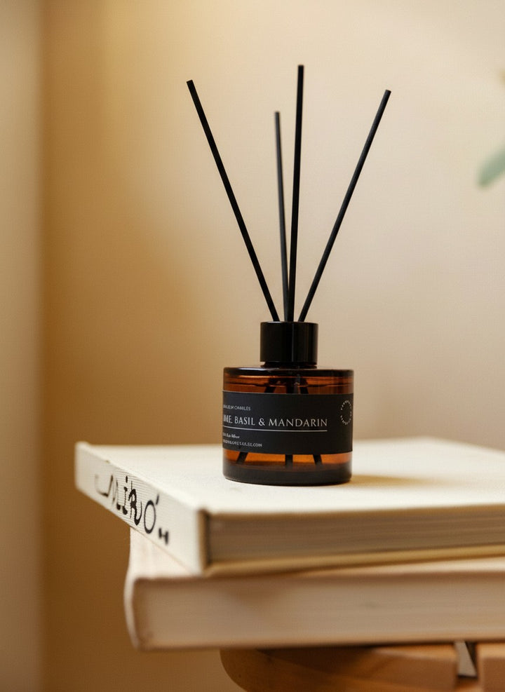 LIME, BASIL & MANDARIN REED DIFFUSER in amber 100 ml bottle, long-lasting luxury home fragrance by Glim Glam