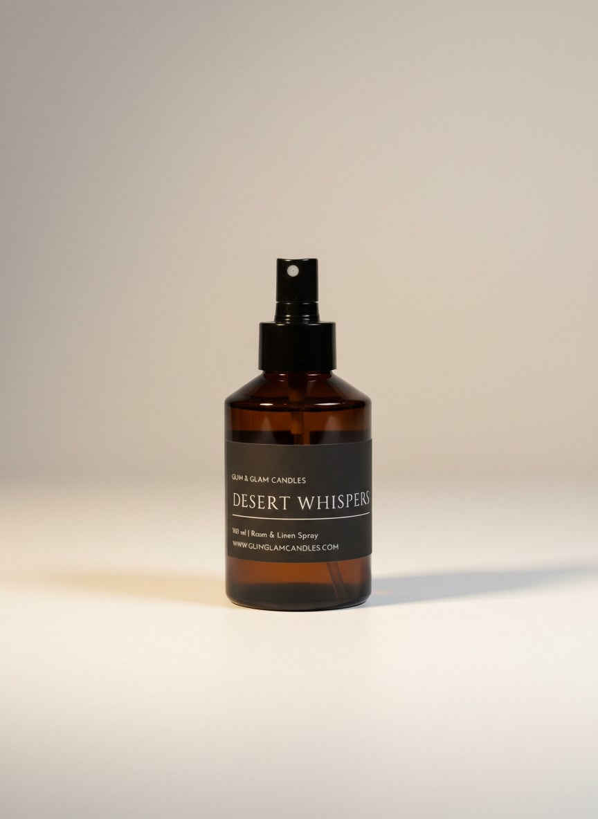 DESERT WHISPERS ROOM AND FABRIC SPRAY in black glossy bottle for refreshing home fragrance by Glim Glam