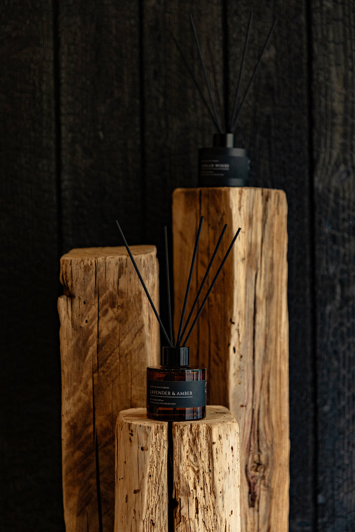 LAVENDER & AMBER REED DIFFUSER in amber 100 ml bottle, long-lasting luxury home fragrance by Glim Glam