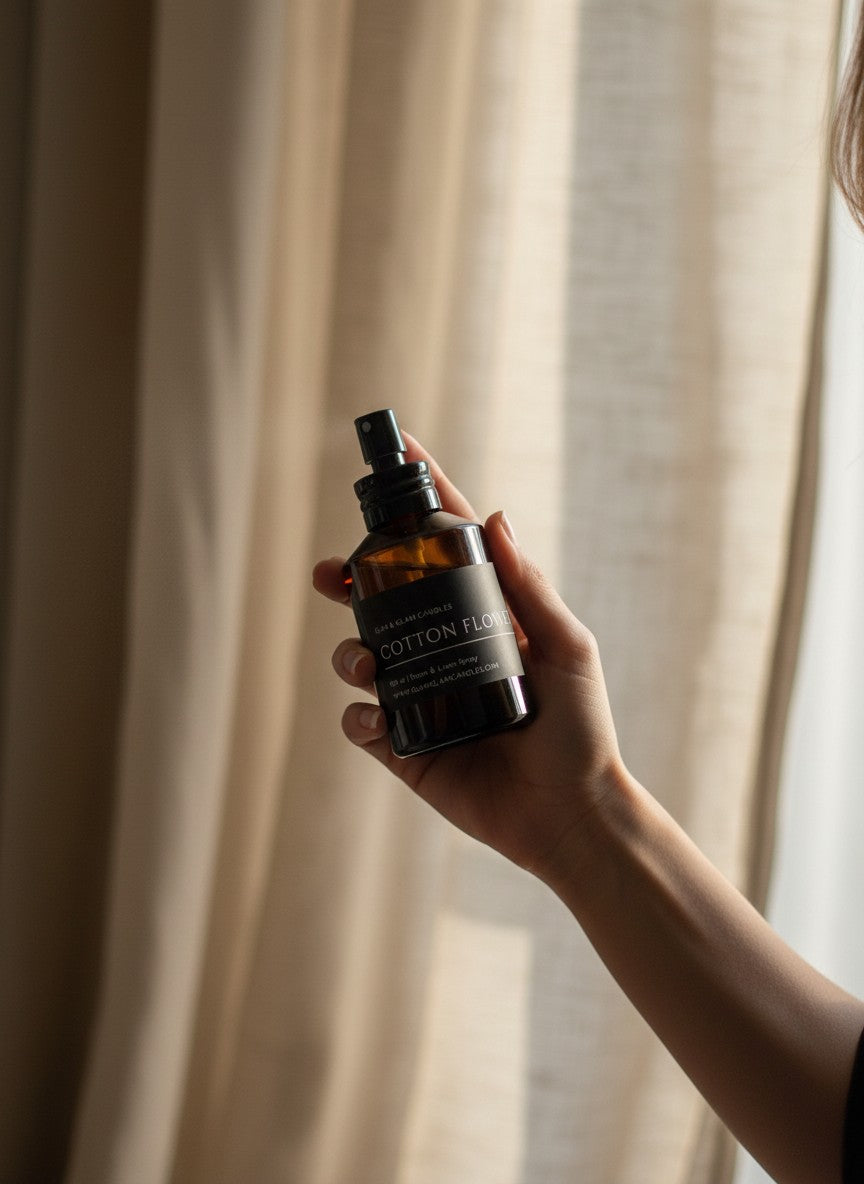 COTTON FLOWER ROOM AND FABRIC SPRAY in amber bottle for refreshing home fragrance by Glim Glam