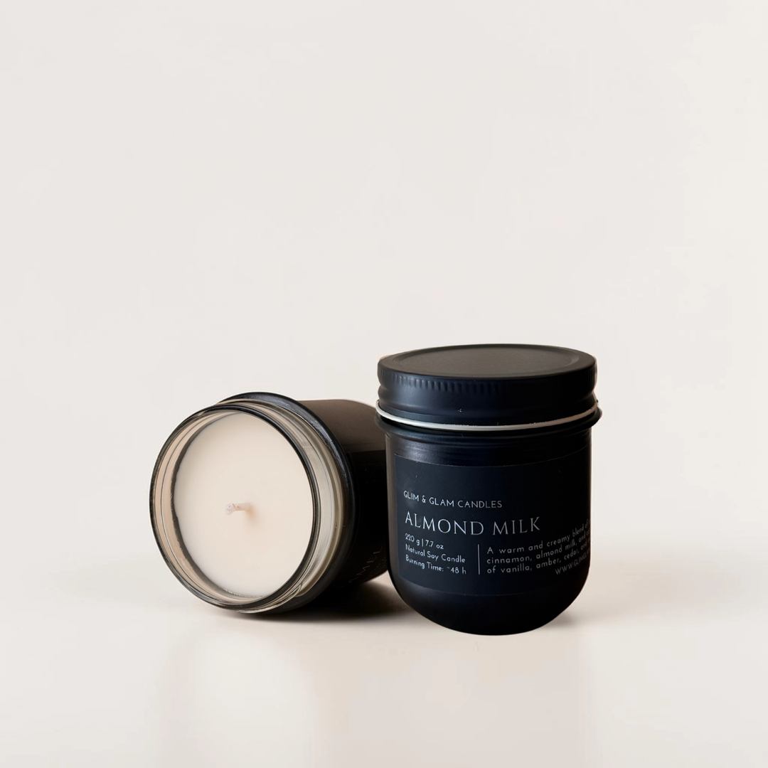 ALMOND MILK handcrafted soy candle in black matte jar, luxury home fragrance by Glim Glam