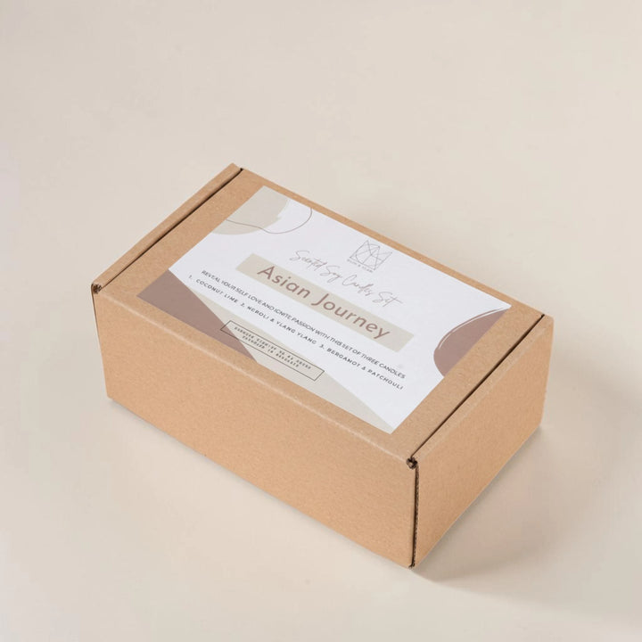 Asian Journey gift box with three handcrafted soy candles inspired by exotic destinations by Glim Glam