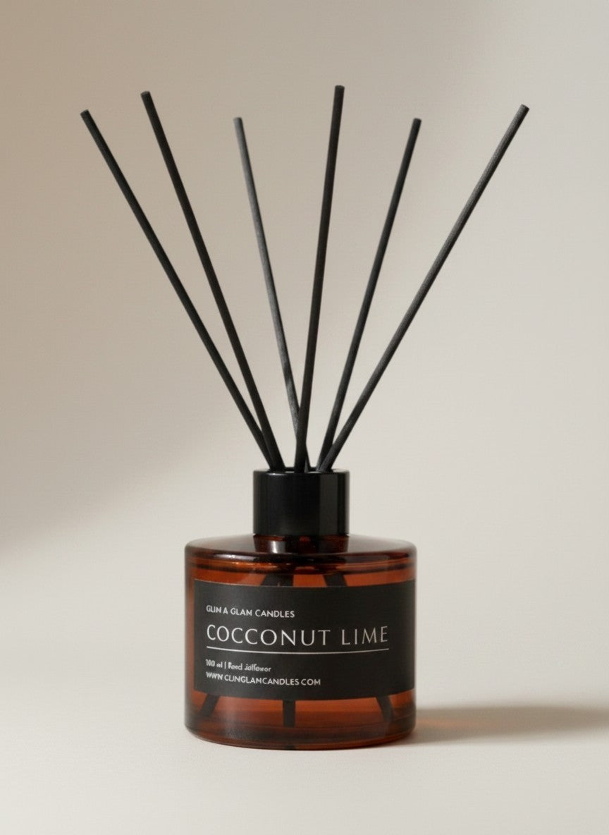 COCONUT LIME REED DIFFUSER in black matte 500 ml bottle, long-lasting luxury home fragrance by Glim Glam