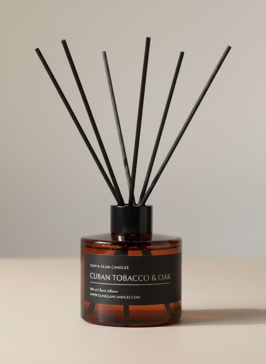 CUBAN TOBACCO & OAK REED DIFFUSER in black matte 500 ml bottle, long-lasting luxury home fragrance by Glim Glam
