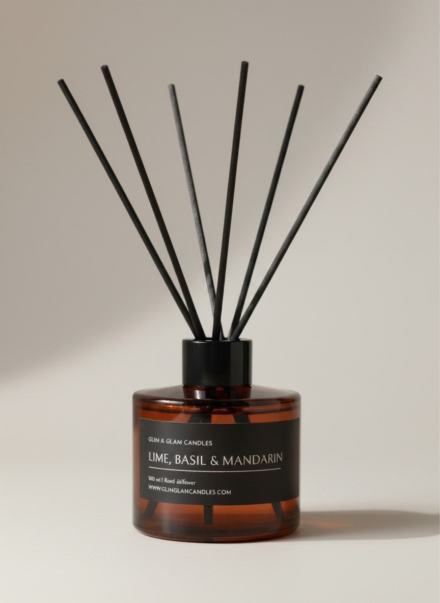 LIME, BASIL & MANDARIN REED DIFFUSER in black matte 500 ml bottle, long-lasting luxury home fragrance by Glim Glam