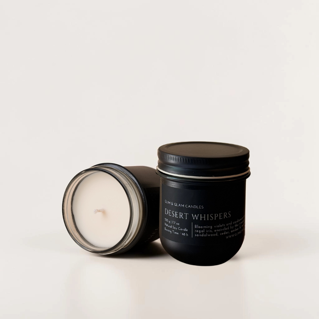 DESERT WHISPERS handcrafted soy candle in black matte jar, luxury home fragrance by Glim Glam