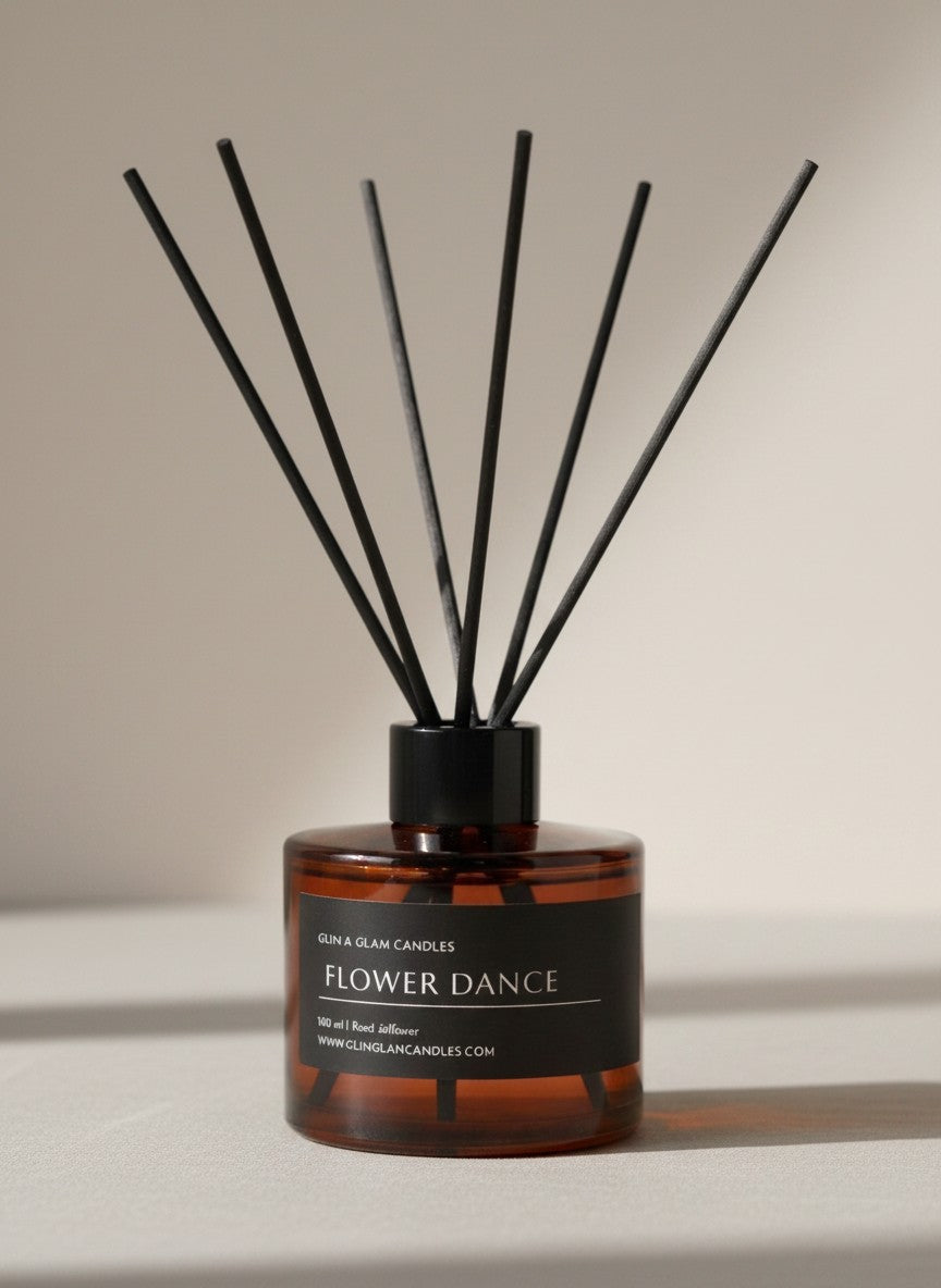 FLOWER DANCE REED DIFFUSER in black matte 500 ml bottle, long-lasting luxury home fragrance by Glim Glam