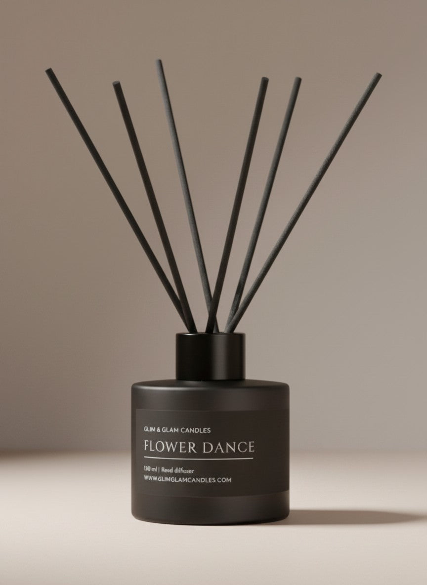 FLOWER DANCE REED DIFFUSER in black matte 100 ml bottle, long-lasting luxury home fragrance by Glim Glam