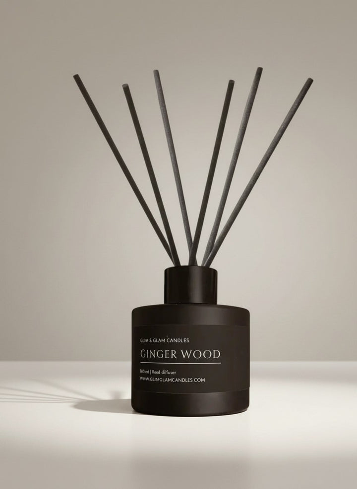 GINGER WOOD REED DIFFUSER in black matte 100 ml bottle, long-lasting luxury home fragrance by Glim Glam