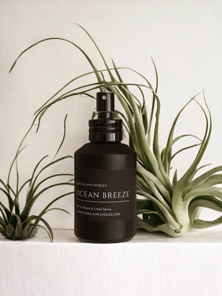 OCEAN BREEZE ROOM AND FABRIC SPRAY in amber bottle for refreshing home fragrance by Glim Glam