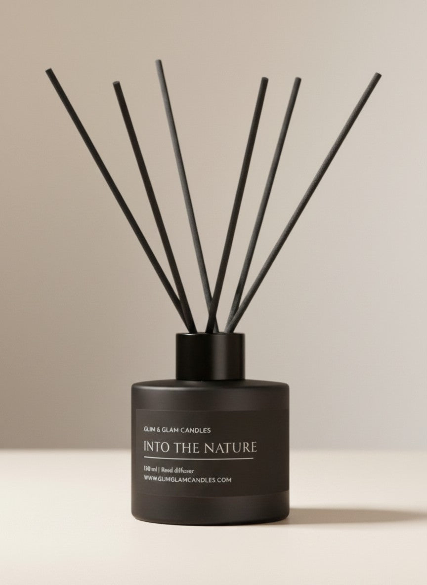 INTO THE NATURE REED DIFFUSER in black matte 100 ml bottle, long-lasting luxury home fragrance by Glim Glam
