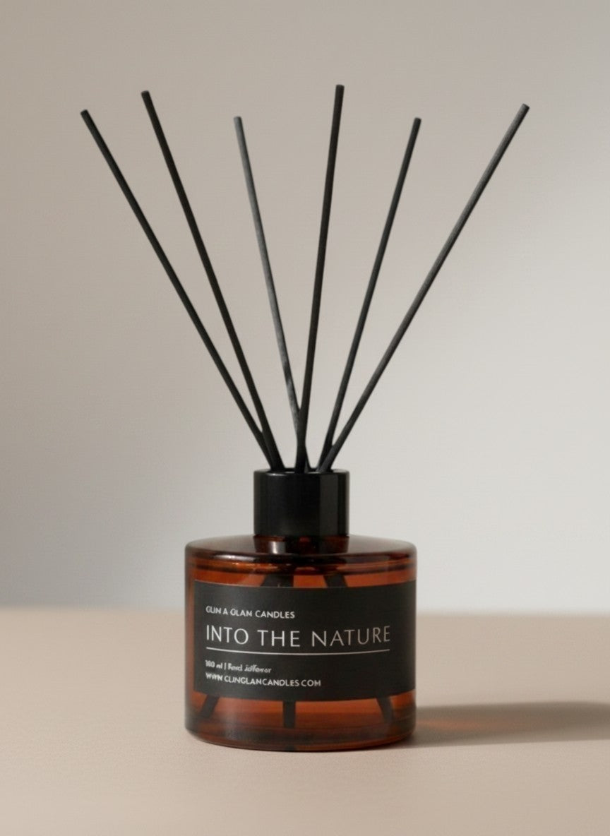 INTO THE NATURE REED DIFFUSER in black matte 500 ml bottle, long-lasting luxury home fragrance by Glim Glam