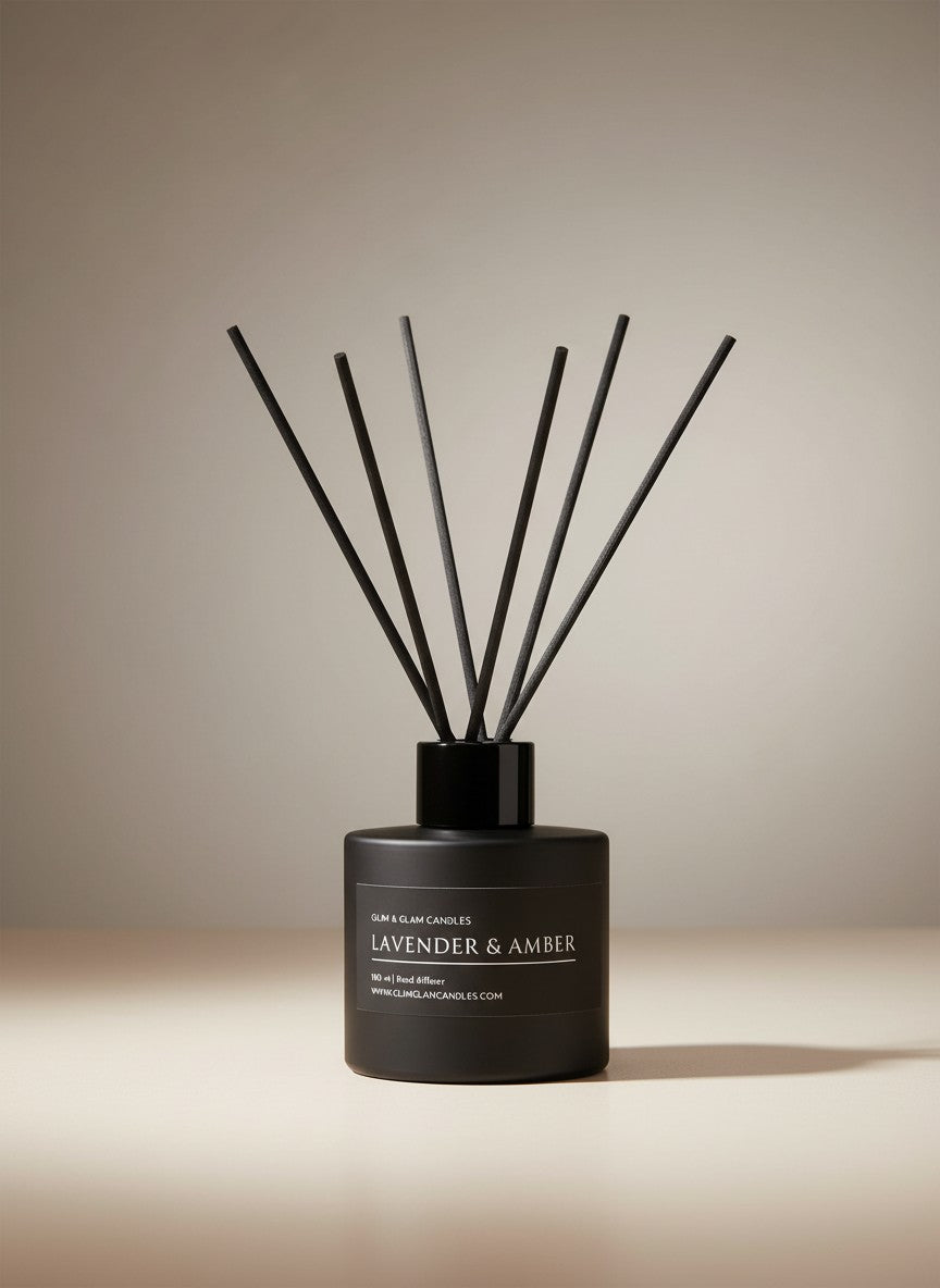 LAVENDER & AMBER REED DIFFUSER in black matte 100 ml bottle, long-lasting luxury home fragrance by Glim Glam