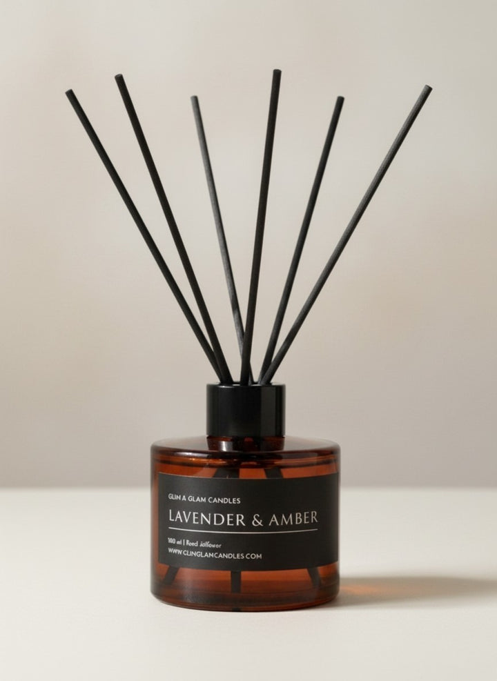 LAVENDER & AMBER REED DIFFUSER in black matte 500 ml bottle, long-lasting luxury home fragrance by Glim Glam
