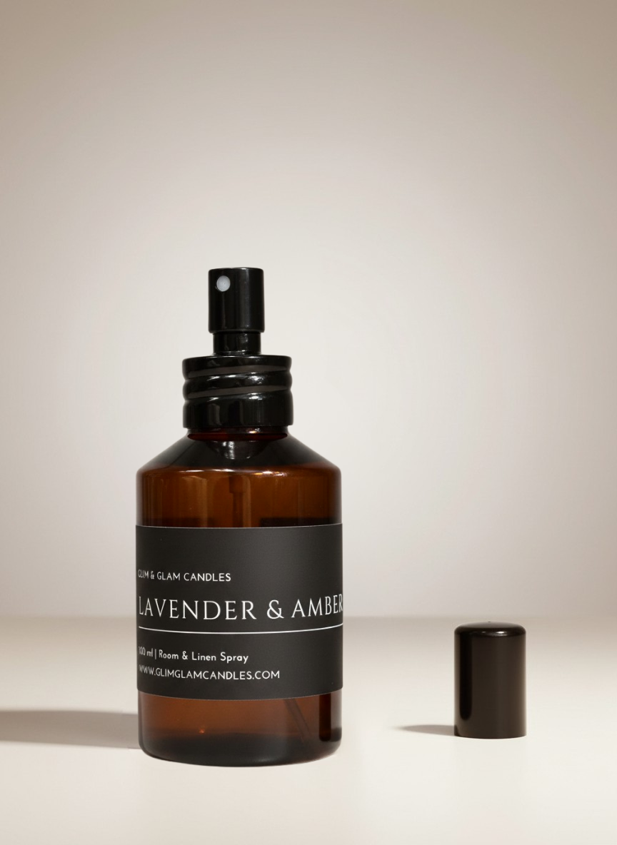 LAVENDER & AMBER ROOM AND FABRIC SPRAY in black glossy bottle for refreshing home fragrance by Glim Glam