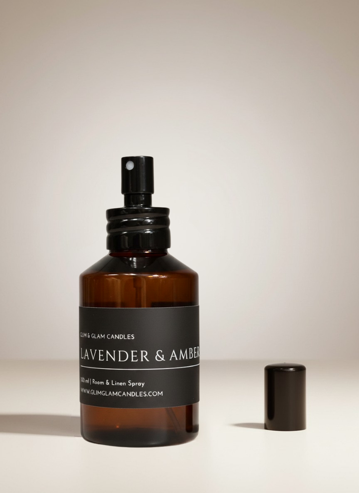 LAVENDER & AMBER ROOM AND FABRIC SPRAY in black glossy bottle for refreshing home fragrance by Glim Glam