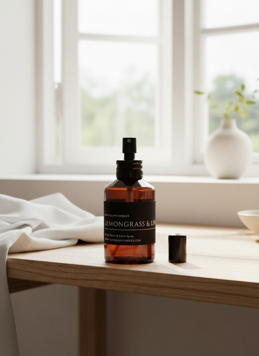 LEMONGRASS & LIME ROOM AND FABRIC SPRAY in amber bottle for refreshing home fragrance by Glim Glam