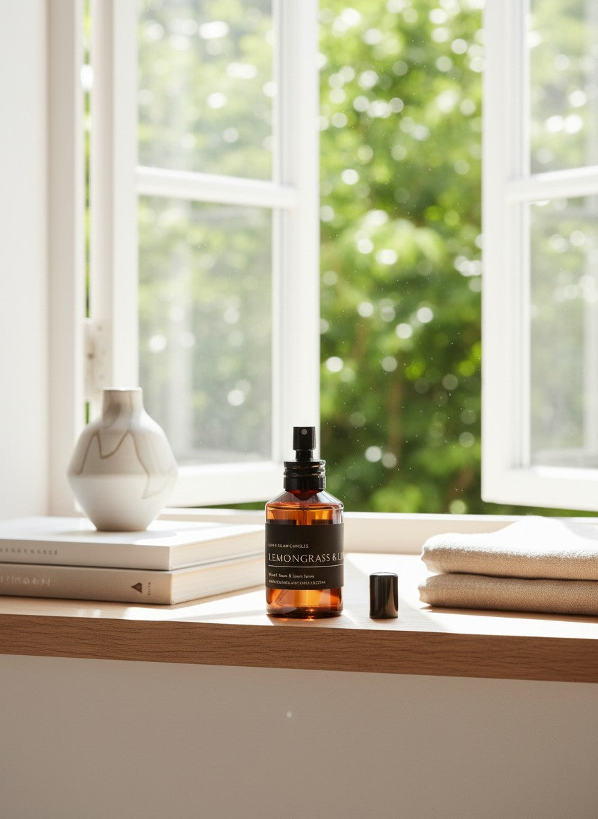 LEMONGRASS & LIME ROOM AND FABRIC SPRAY in black glossy bottle for refreshing home fragrance by Glim Glam