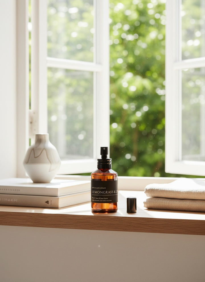 LEMONGRASS & LIME ROOM AND FABRIC SPRAY in black glossy bottle for refreshing home fragrance by Glim Glam