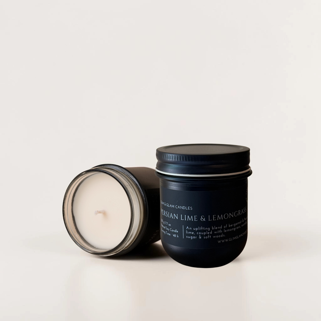 PERSIAN LIME & LEMONGRASS handcrafted soy candle in black matte jar, luxury home fragrance by Glim Glam