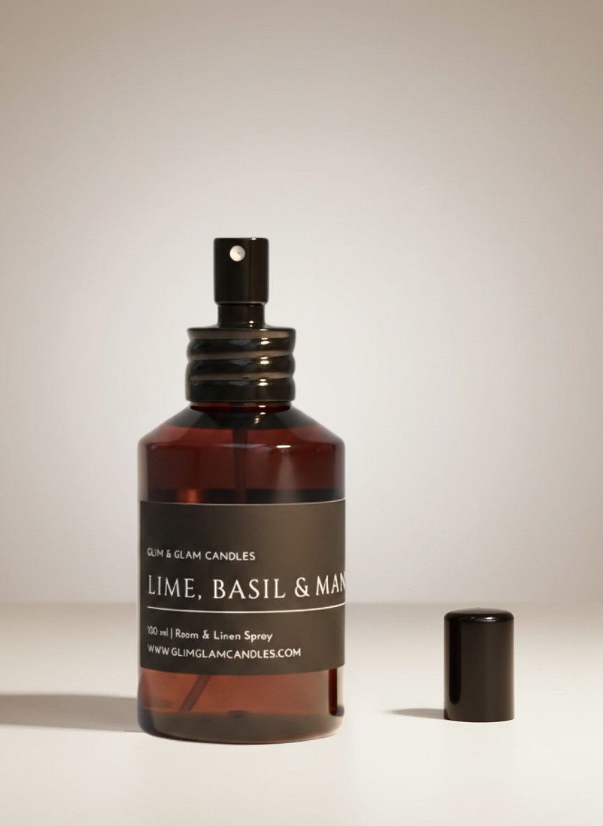 LIME, BASIL & MANDARIN LIME ROOM AND FABRIC SPRAY in black glossy bottle for refreshing home fragrance by Glim Glam