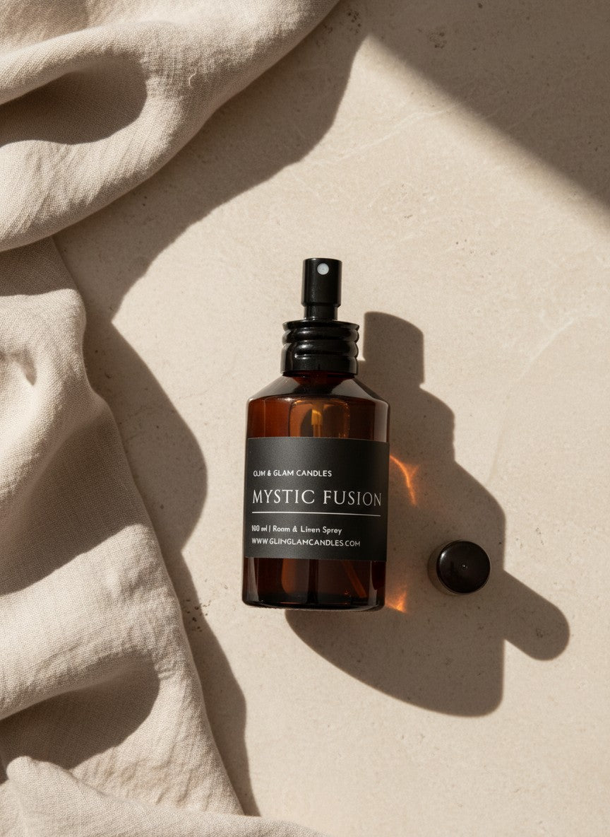 MYSTIC FUSION ROOM AND FABRIC SPRAY in amber bottle for refreshing home fragrance by Glim Glam
