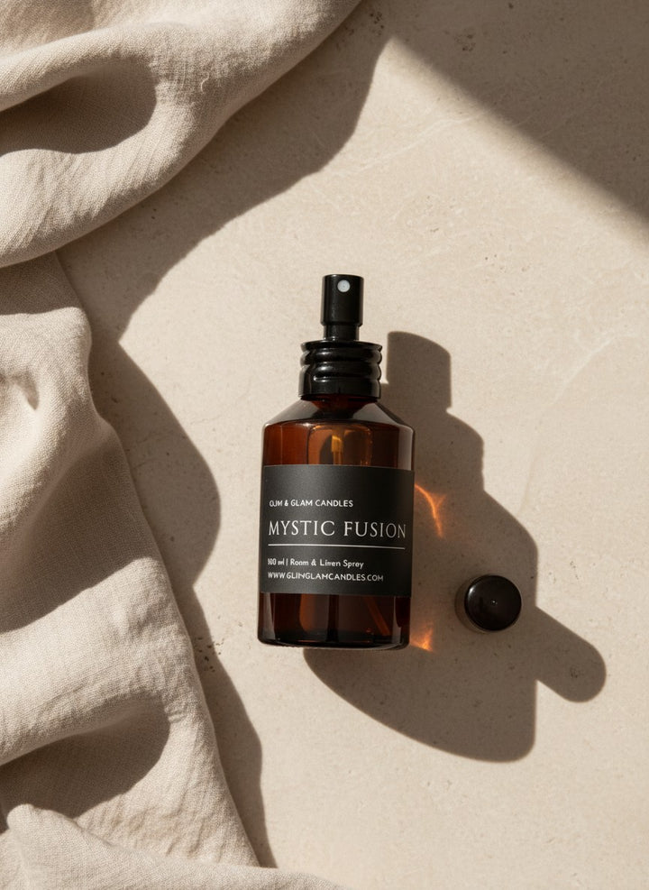 MYSTIC FUSION ROOM AND FABRIC SPRAY in amber bottle for refreshing home fragrance by Glim Glam