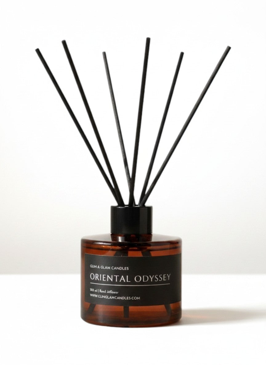 Oriental Odyssey Reed Diffuser in black matte 500 ml bottle, long-lasting luxury home fragrance by Glim Glam