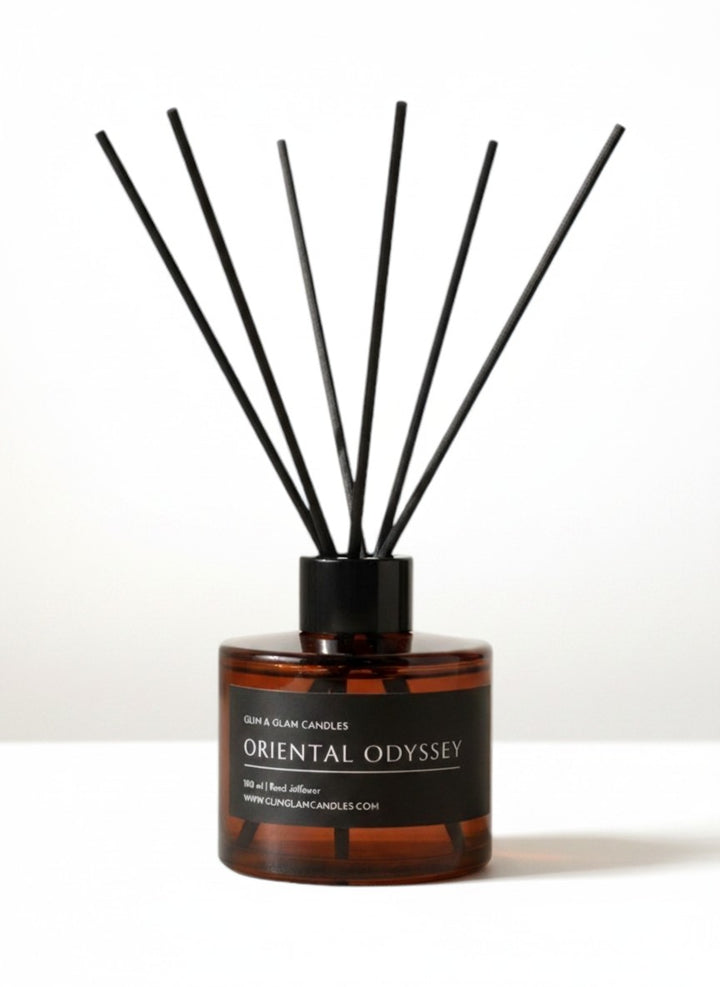 Oriental Odyssey Reed Diffuser in black matte 500 ml bottle, long-lasting luxury home fragrance by Glim Glam