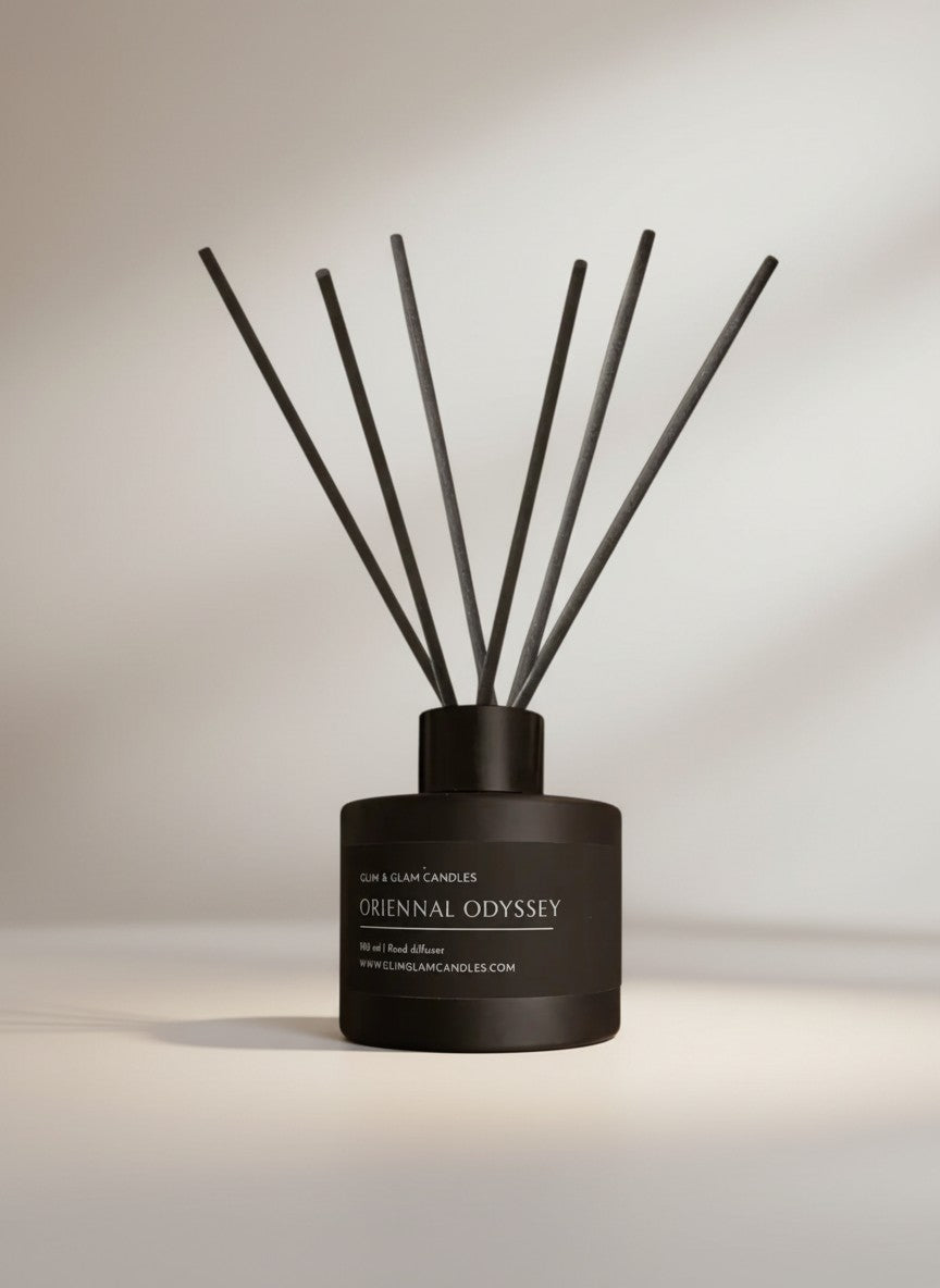 Oriental Odyssey Reed Diffuser in black matte 100 ml bottle, long-lasting luxury home fragrance by Glim Glam
