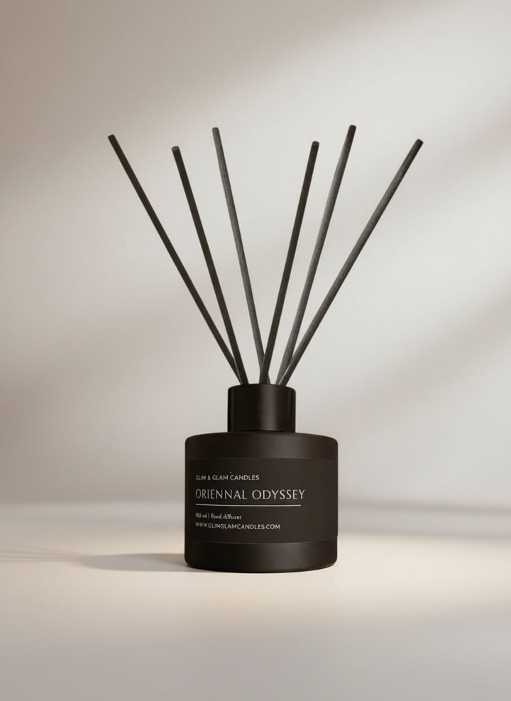 Oriental Odyssey Reed Diffuser in black matte 100 ml bottle, long-lasting luxury home fragrance by Glim Glam