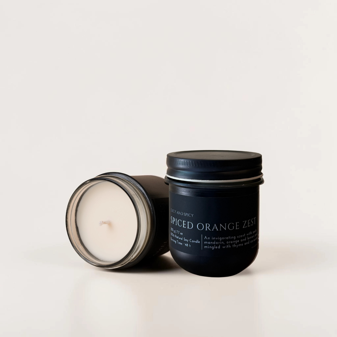 SPICED ORANGE ZEST handcrafted soy candle in black matte jar, luxury home fragrance by Glim Glam