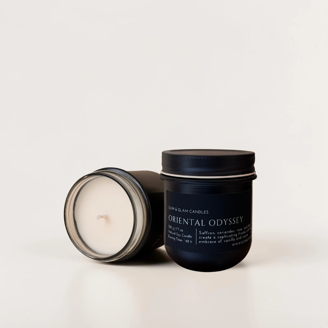 ORIENTAL ODYSSEY handcrafted soy candle in black matte jar, luxury home fragrance by Glim Glam