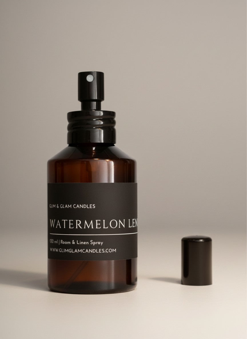 WATERMELON LEMONADE ROOM AND FABRIC SPRAY in black glossy bottle for refreshing home fragrance by Glim Glam