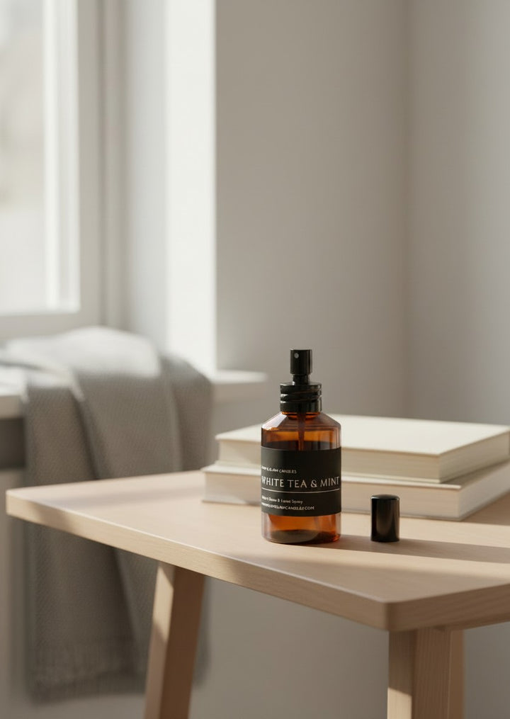 WHITE TEA & MINT ROOM AND FABRIC SPRAY in amber bottle for refreshing home fragrance by Glim Glam