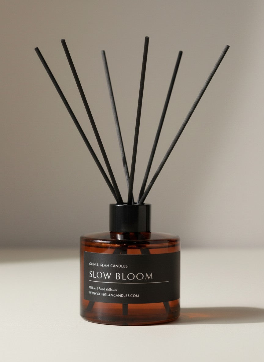 SLOW BLOOM REED DIFFUSER in black matte 500 ml bottle, long-lasting luxury home fragrance by Glim Glam