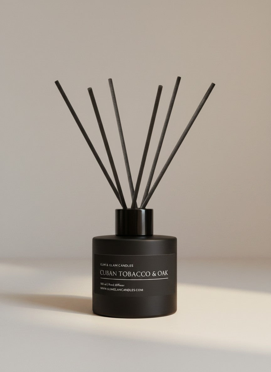 CUBAN TOBACCO & OAK REED DIFFUSER in black matte 100 ml bottle, long-lasting luxury home fragrance by Glim Glam