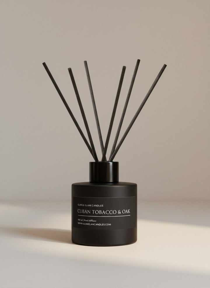CUBAN TOBACCO & OAK REED DIFFUSER in black matte 100 ml bottle, long-lasting luxury home fragrance by Glim Glam