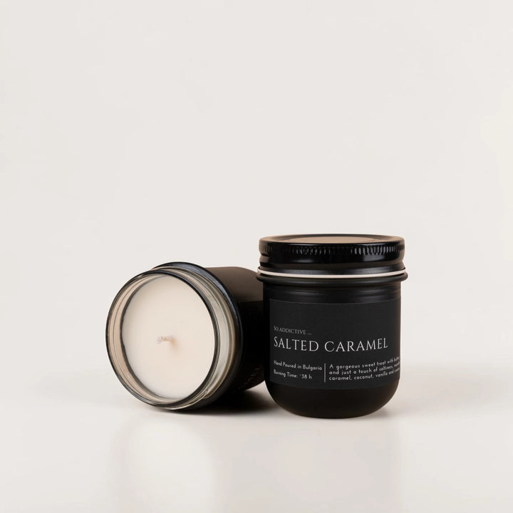 SALTED CARAMEL handcrafted soy candle in black matte jar, luxury home fragrance by Glim Glam