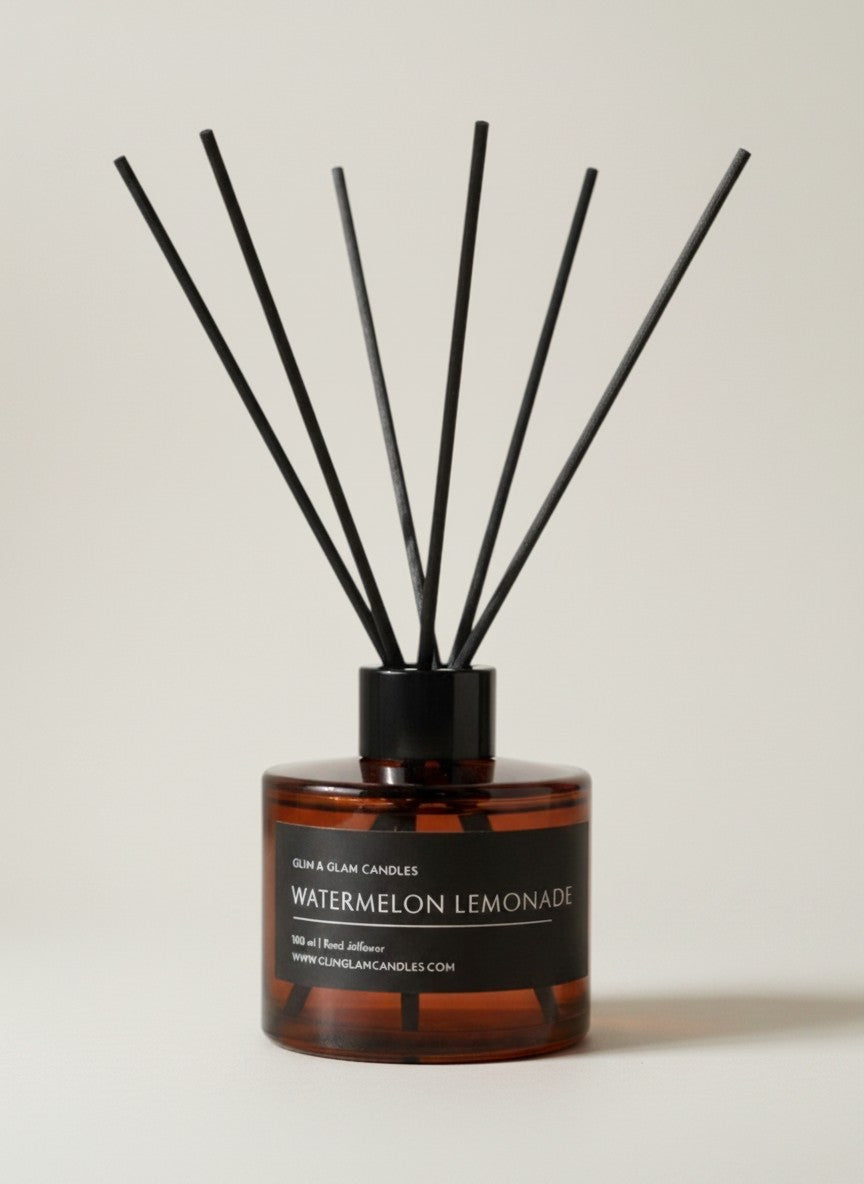 WATERMELON LEMONADE REED DIFFUSER in black matte 500 ml bottle, long-lasting luxury home fragrance by Glim Glam
