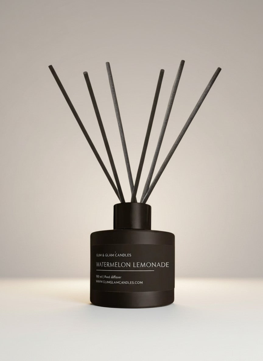 WATERMELON LEMONADE REED DIFFUSER in black matte 100 ml bottle, long-lasting luxury home fragrance by Glim Glam