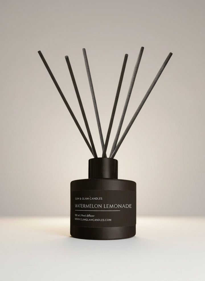 WATERMELON LEMONADE REED DIFFUSER in black matte 100 ml bottle, long-lasting luxury home fragrance by Glim Glam