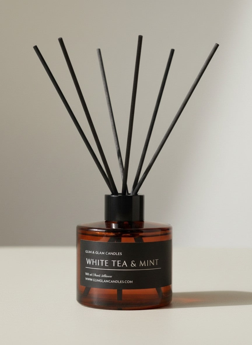 WHITE TEA & MINT REED DIFFUSER in black matte 500 ml bottle, long-lasting luxury home fragrance by Glim Glam